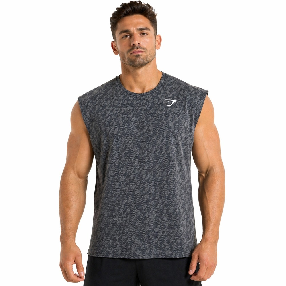 Gymshark Tank Mens Large  Geo Print Sleeveless  Grey Black Gym Training GMST5395